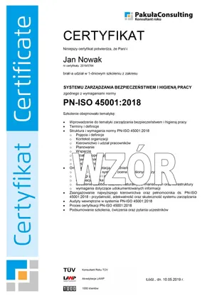 Certyfikat ze Szkolenia ISO 45001